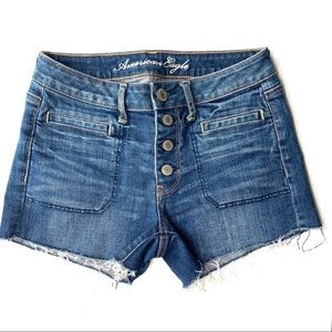 American Eagle Button Fly Frayed Mid Rise Denim Shorts